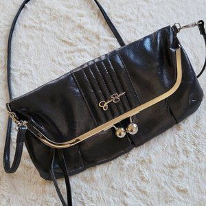 Jessica Simpson Black Leather & Gold Fold Over Snap Clutch w/Keyring